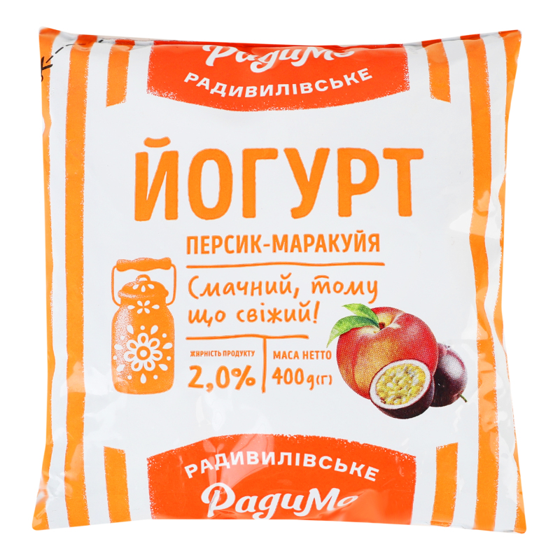 Йогурт Радимо 2% 400г п/пл Персик марак