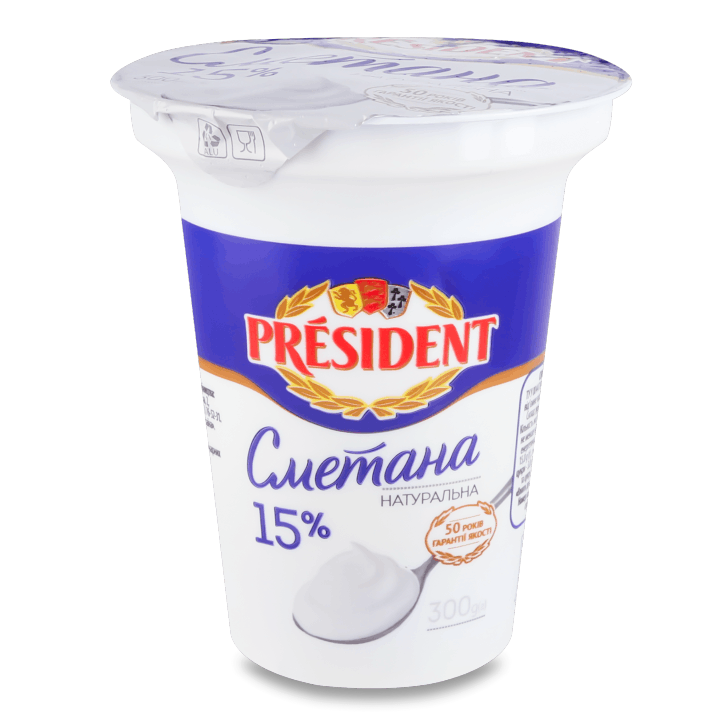 Сметана President 15% 300г стак