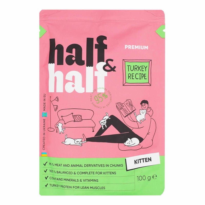 Корм вологий Half&Half 100г д/кош індичк