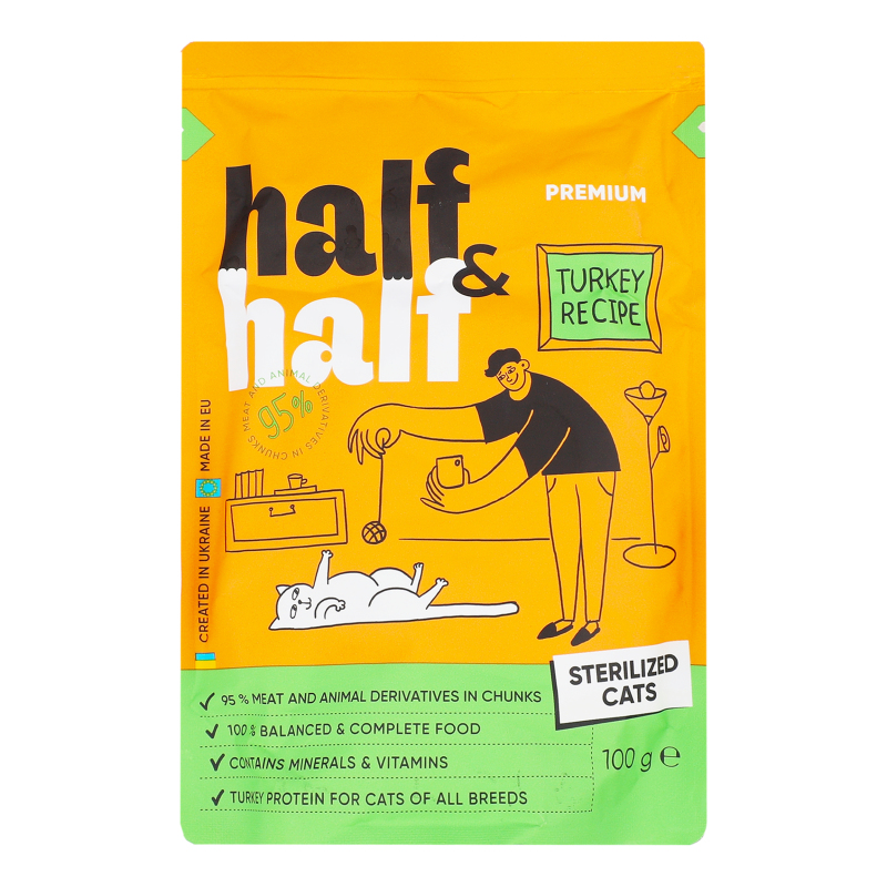 Корм вологий Half&Half 100г д/стк індичк